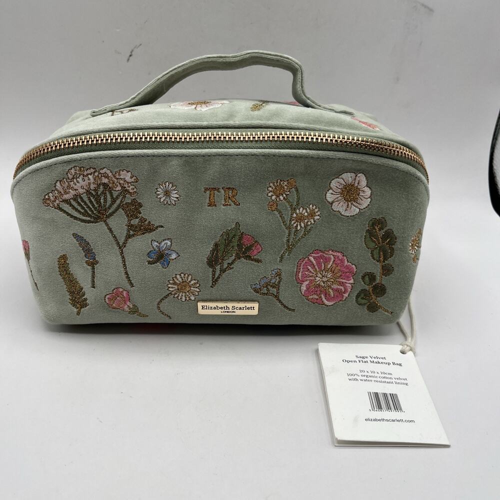 ELIZABETH SCARLETT LONDON PRESSED FLOWERS MAKEUP BAG EMBROIDERED SAGE VELVET NWT